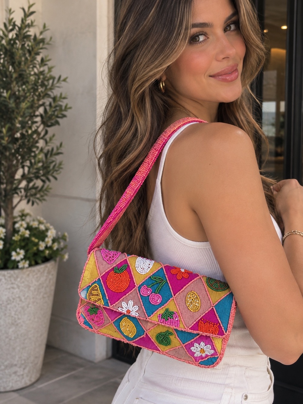 Viral Beaded Bag - Fruit Pattern Foldover Shoulder Bag in Pink multi color
